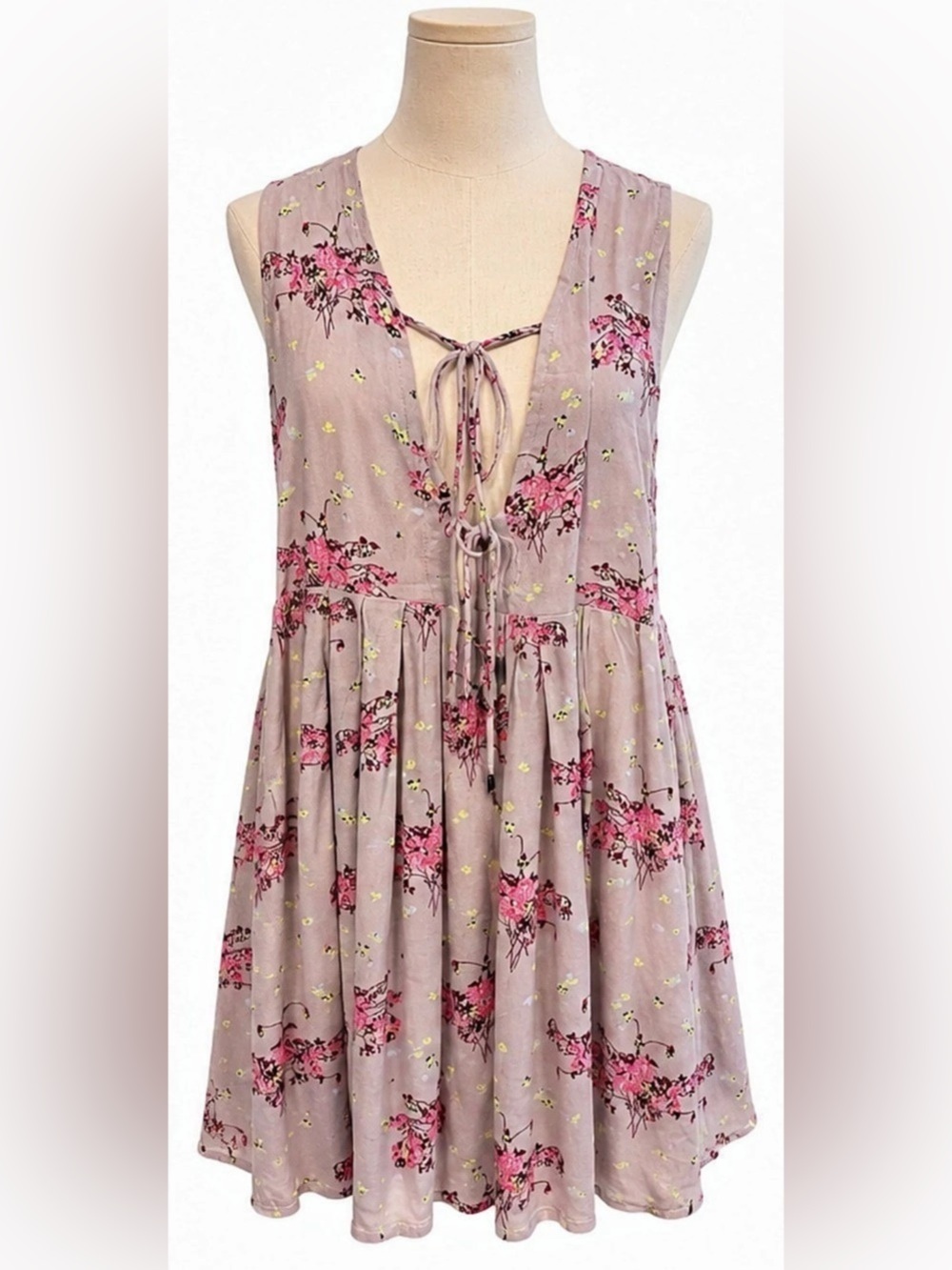 Free People Floral Tie Front Mini Dress Medium Mauve Pink Boho Sleeveless